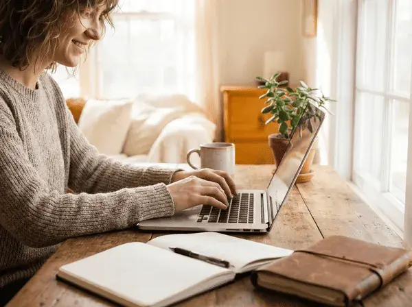 A person starting a blog on a laptop at home in about two minutes, with coffee and a notebook nearby